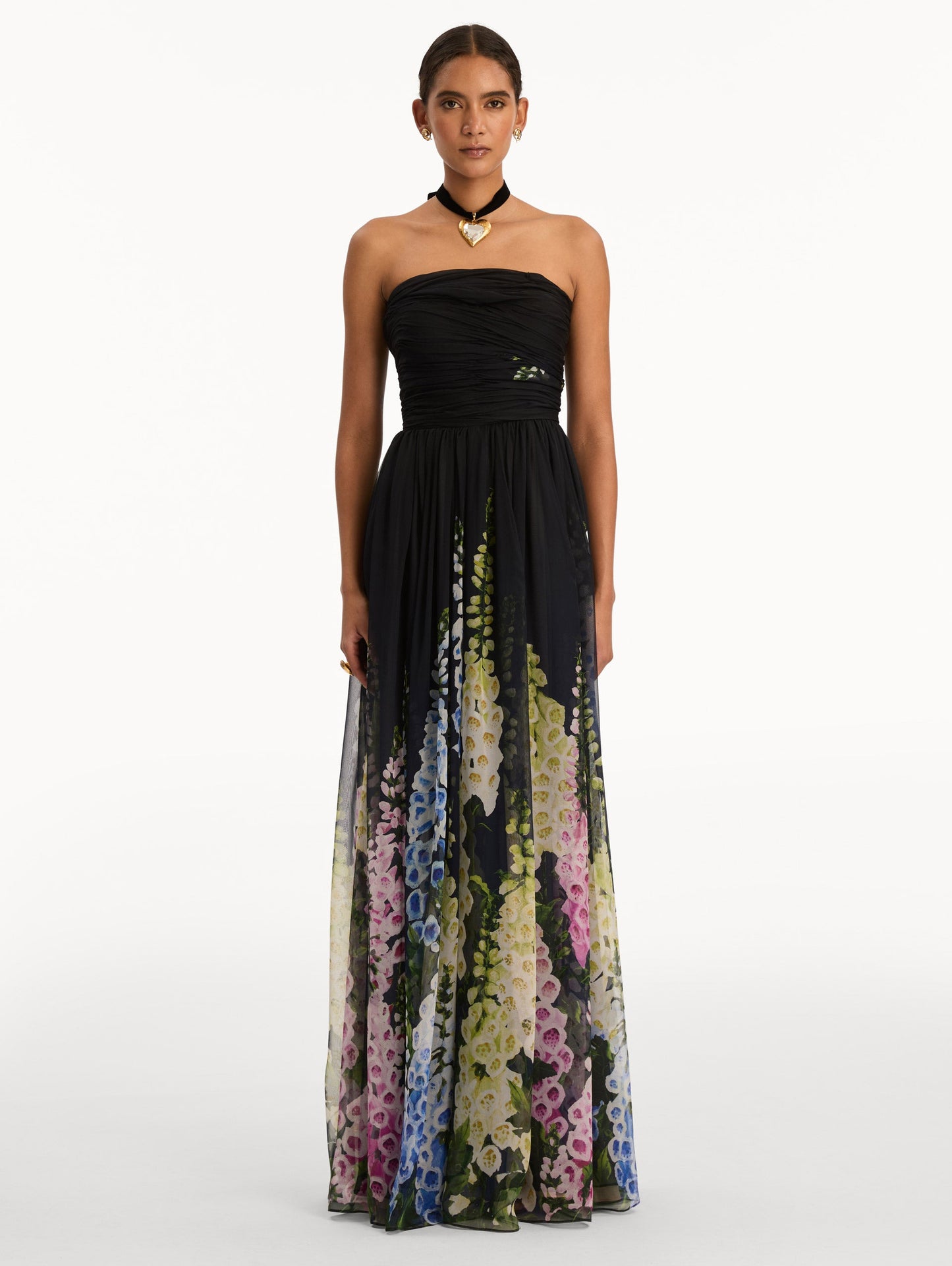Black and Floral Degradé Foxglove Chiffon Gown with printed floral pattern and a strapless neckline. Front View.