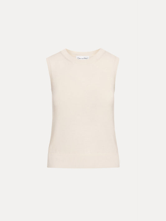 Ivory Virgin Wool Tank featuring a crew neckline and ribbed hem.
