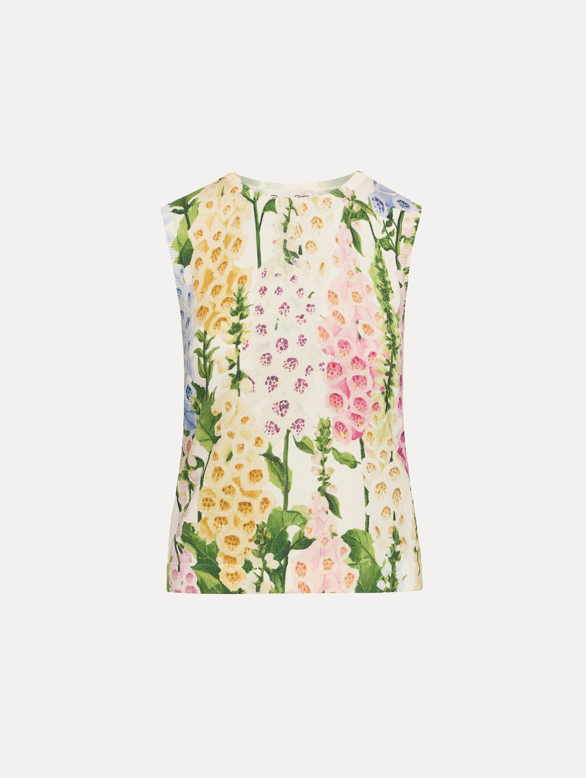 White Foxglove Printed Tank multicolor foxglove motifs in yellow, pink, and green.