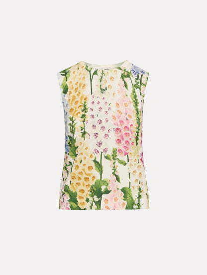 White Foxglove Printed Tank multicolor foxglove motifs in yellow, pink, and green.