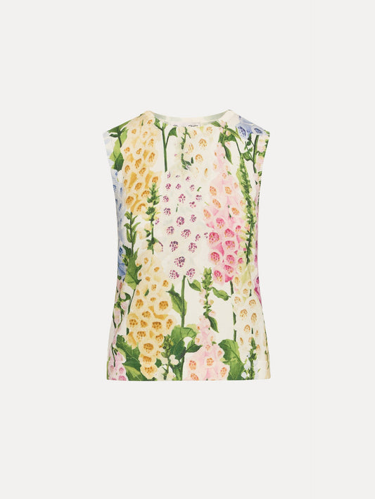 White Foxglove Printed Tank multicolor foxglove motifs in yellow, pink, and green.