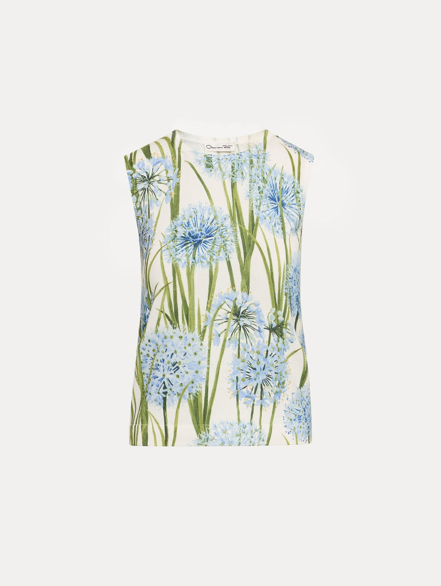Ivory Allium Printed Tank with knit texture and blue and green floral motifs.
