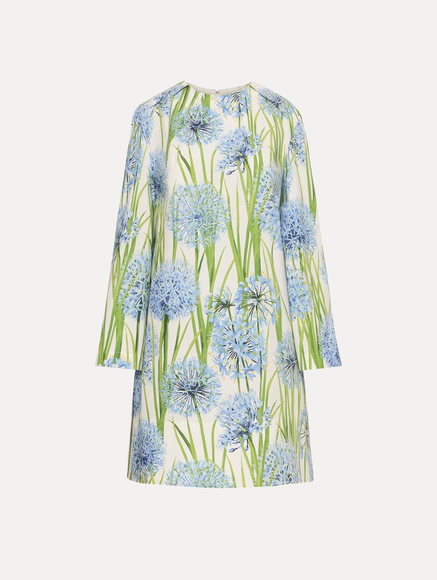 White Allium Cotton Poplin Long Sleeve Shift Dress with blue and green floral motifs.