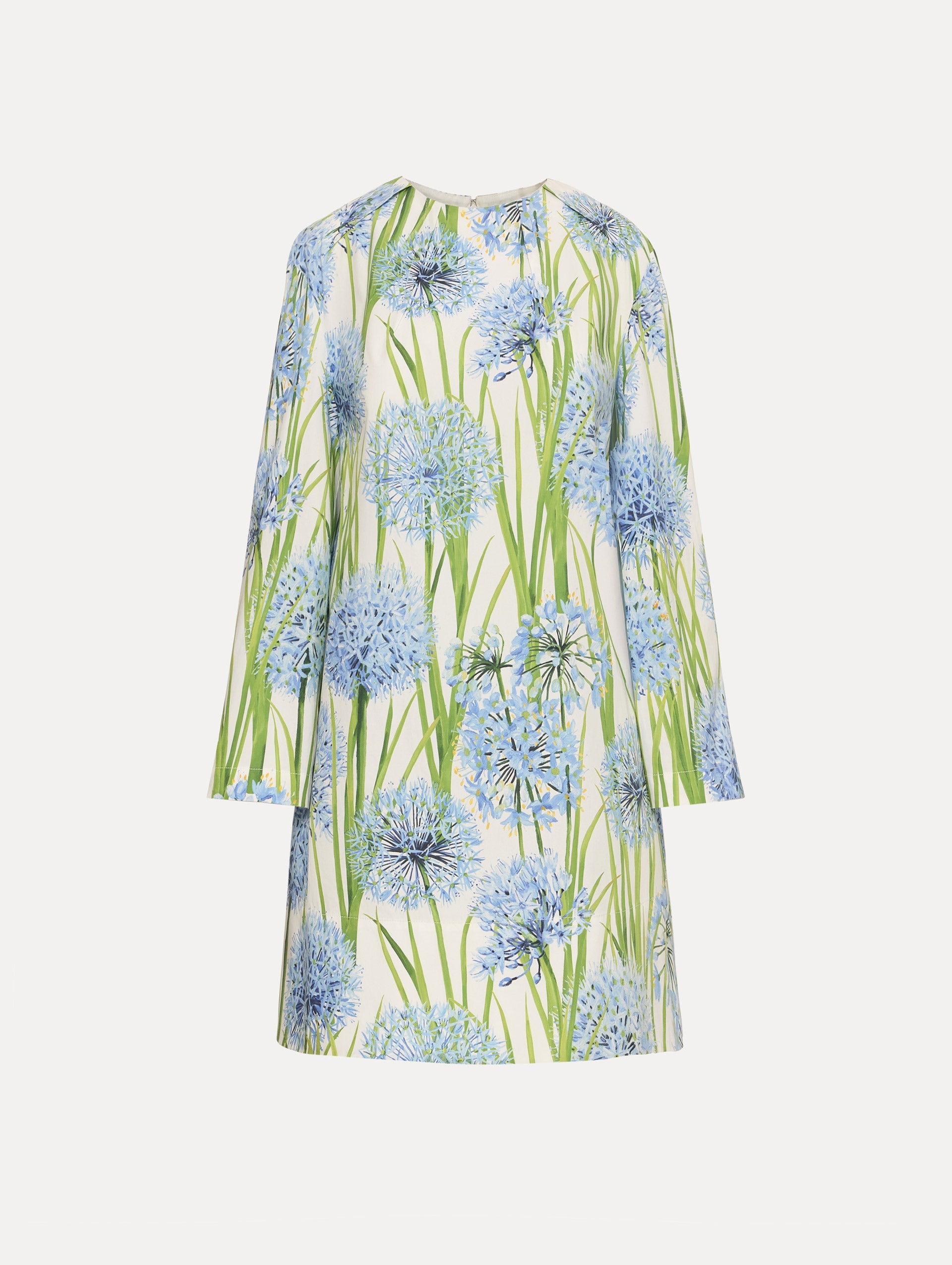 White Allium Cotton Poplin Long Sleeve Shift Dress with blue and green floral motifs.