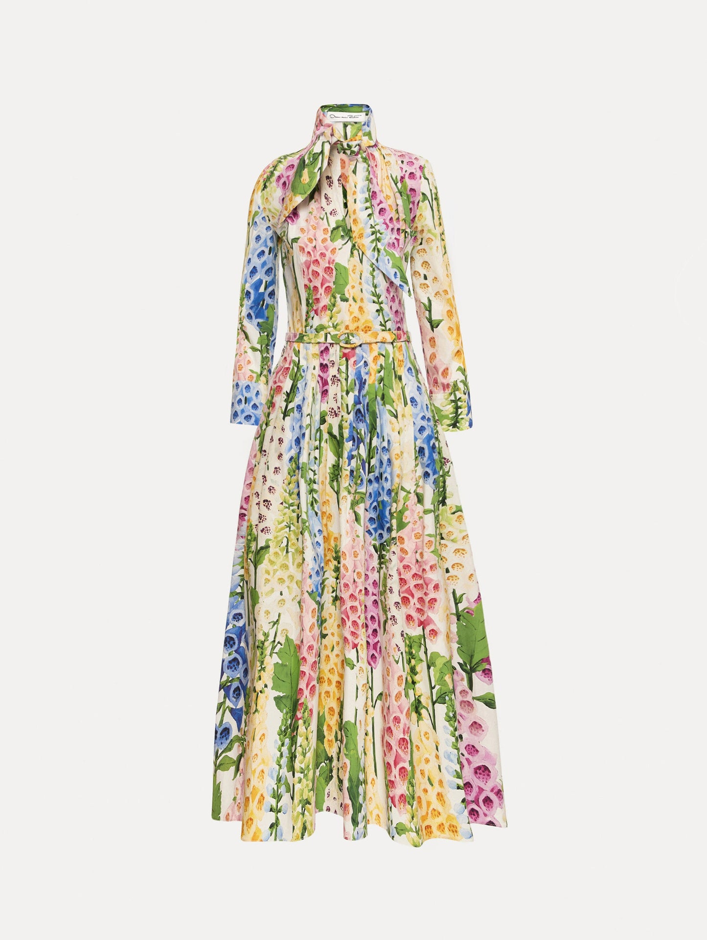 White Foxglove Cotton Poplin Tie-Neck Dress with belted waist and three-quarter length sleeves.