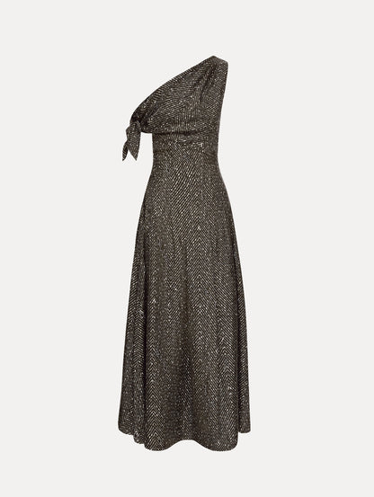 Black and Ivory Chevron Silk Twill Dress with one shoulder draped neckline and tie sleeve detail. Front View.