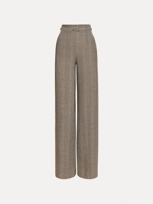 The Chevron Cashmere-Blend Pant featuring a high waist, pockets, and coordinating belt. Front View.