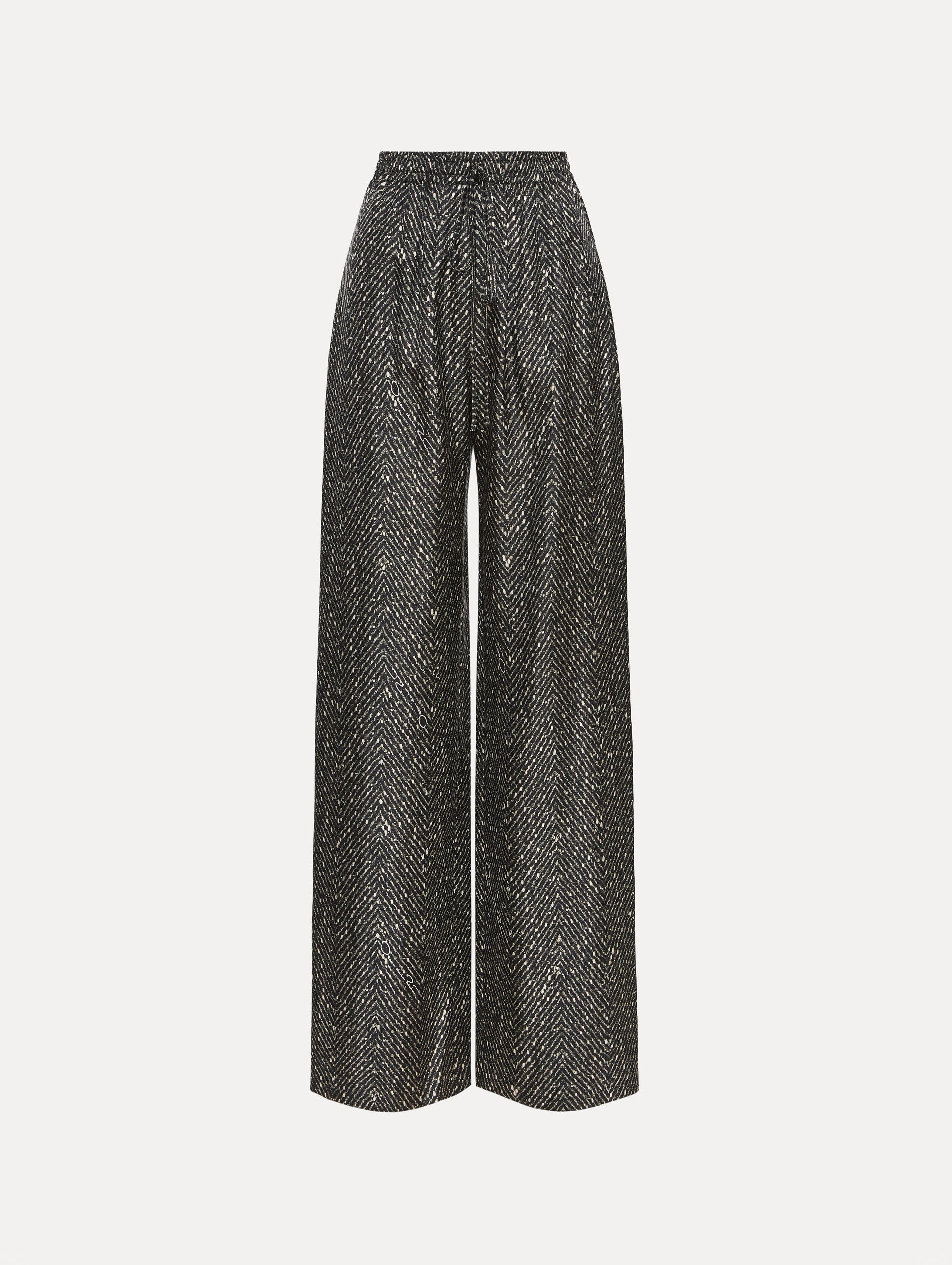 Black and Ivory Chevron Silk Twill Drawstring Pant featuring a high elastic waistband and fluid, shimmering drape.