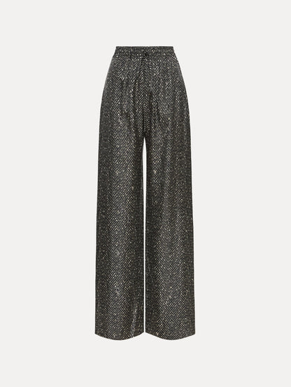 Black and Ivory Chevron Silk Twill Drawstring Pant featuring a high elastic waistband and fluid, shimmering drape.