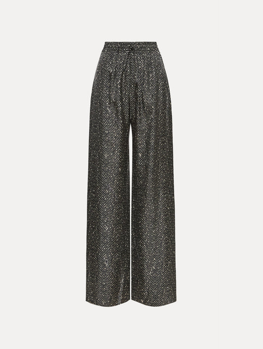 Black and Ivory Chevron Silk Twill Drawstring Pant featuring a high elastic waistband and fluid, shimmering drape.