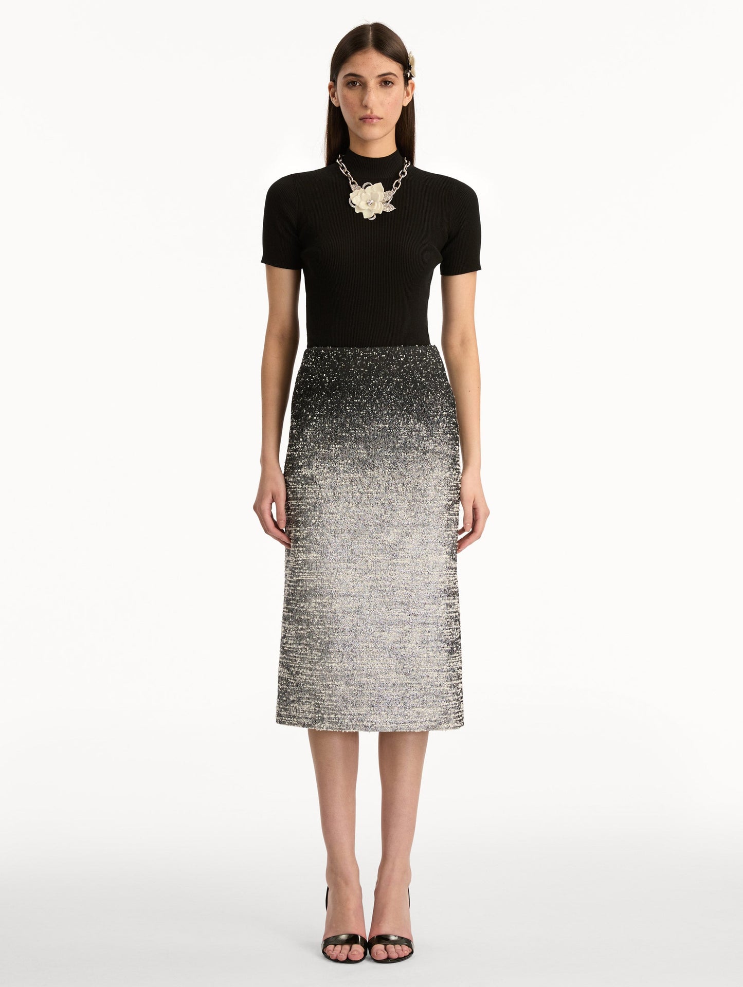 Black and Ivory Ombré Lurex Bouclé Jacquard Skirt featuring a fitted silhouette and a textured metallic finish. Front View.