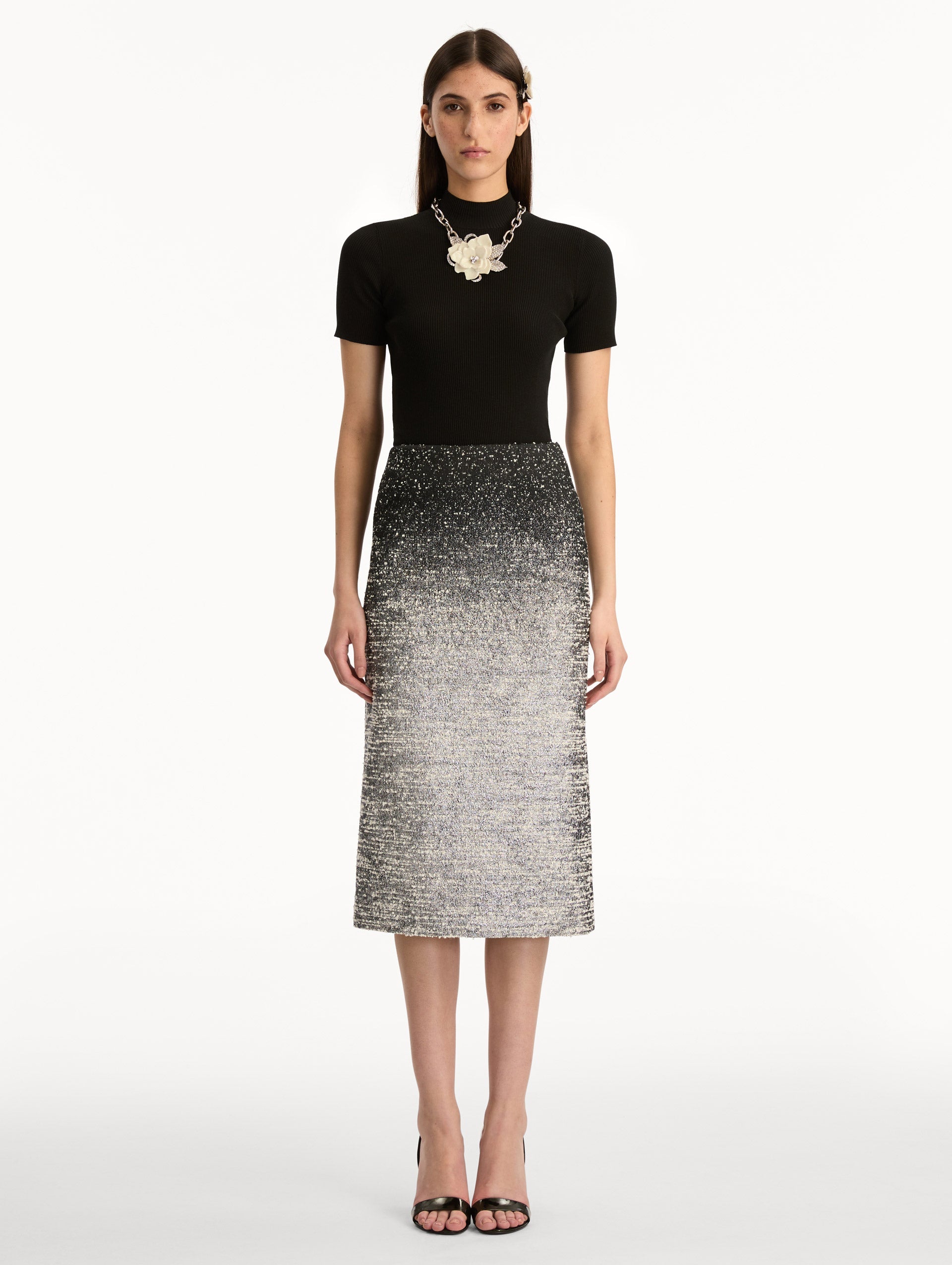 Black and Ivory Ombré Lurex Bouclé Jacquard Skirt featuring a fitted silhouette and a textured metallic finish. Front View.