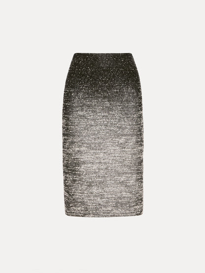 Black and Ivory Ombré Lurex Bouclé Jacquard Skirt featuring a fitted silhouette and a textured metallic finish.
