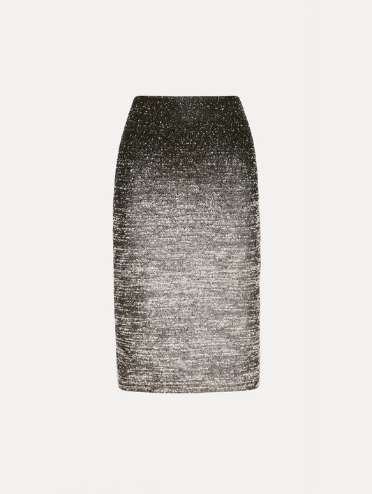 Black and Ivory Ombré Lurex Bouclé Jacquard Skirt featuring a fitted silhouette and a textured metallic finish.