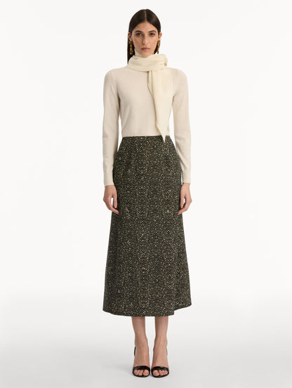 Black and Ivory Chevron Wool Skirt, featuring a high waist and flared silhouette. Front View.