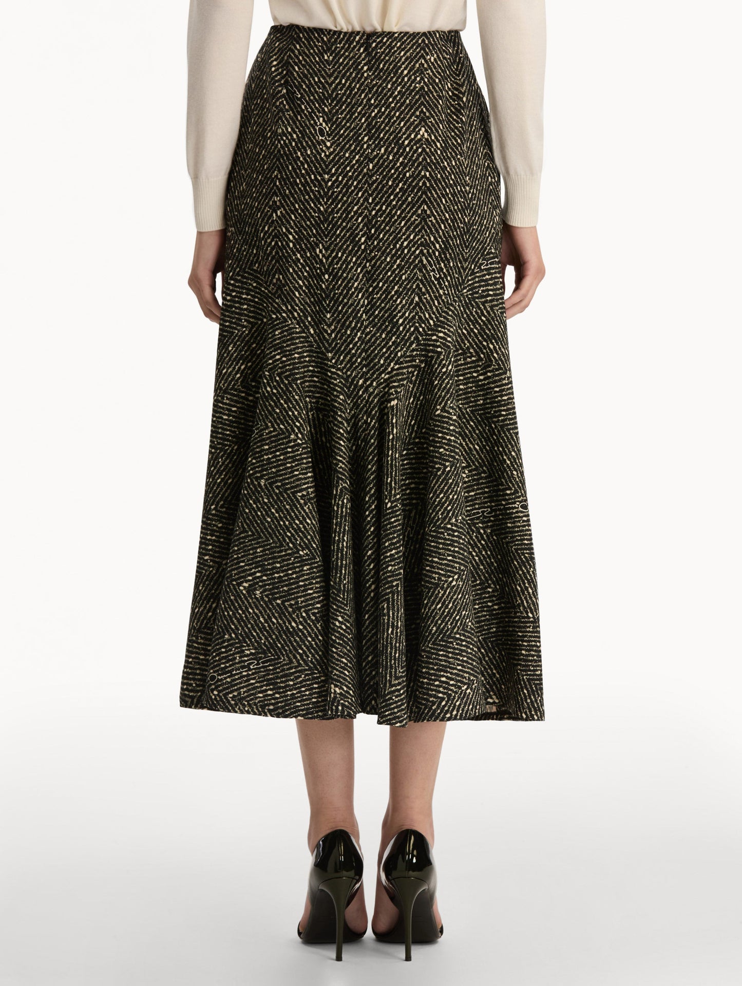 Black and Ivory Chevron Wool Skirt, featuring a high waist and flared silhouette. Back View.