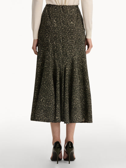 Black and Ivory Chevron Wool Skirt, featuring a high waist and flared silhouette. Back View.