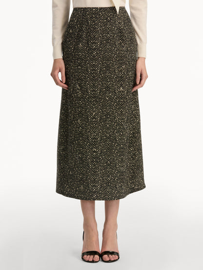 Black and Ivory Chevron Wool Skirt, featuring a high waist and flared silhouette. Front View.