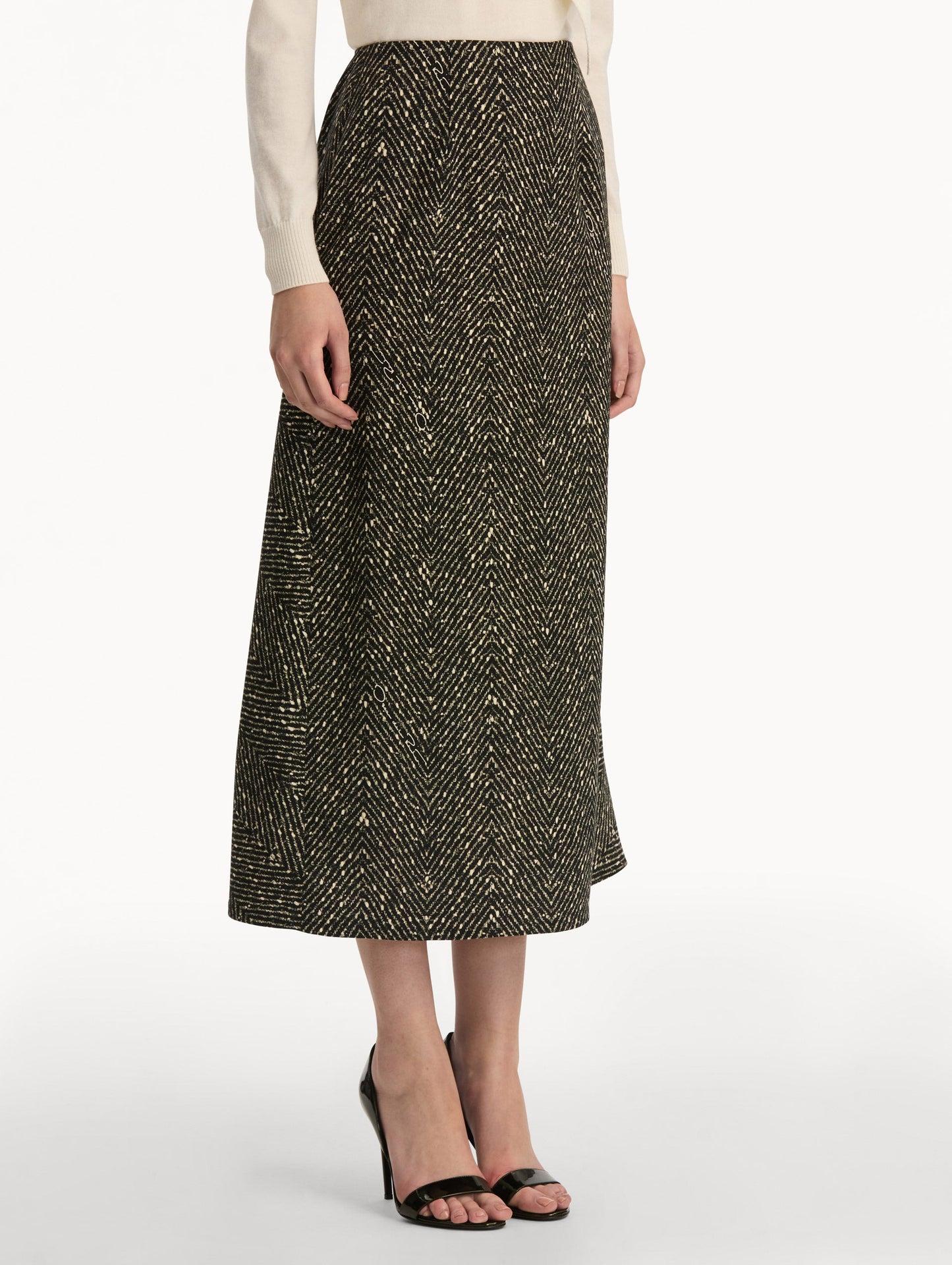 Black and Ivory Chevron Wool Skirt, featuring a high waist and flared silhouette. Back View.