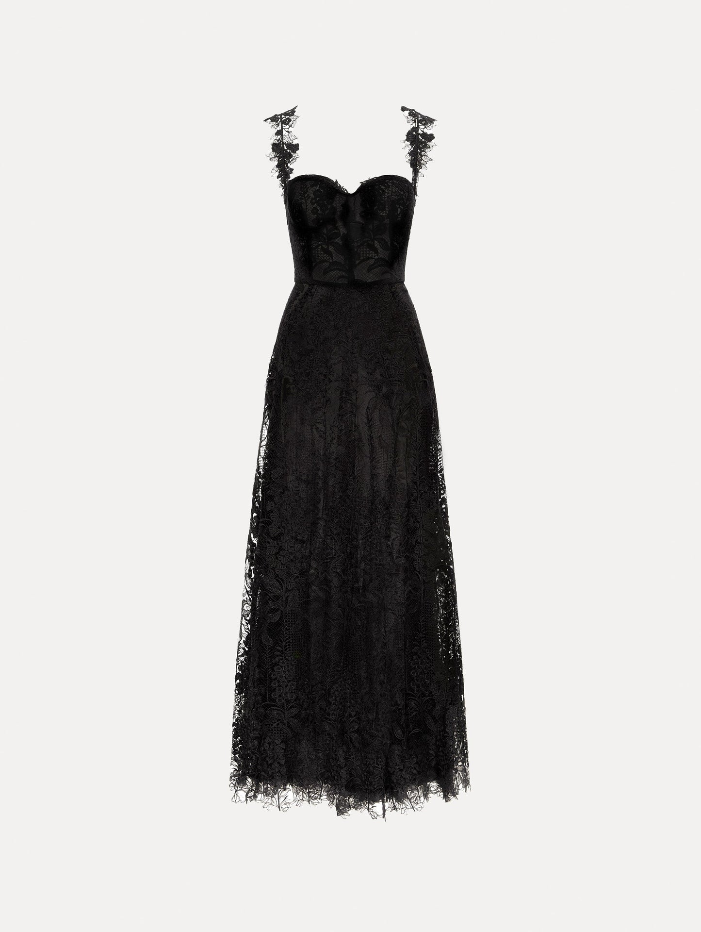 Black Foxglove Guipure Cocktail Dress featuring a fitted bodice with structured cups, lace straps, and a sheer lace overlay skirt.