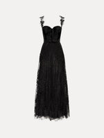 Black Foxglove Guipure Cocktail Dress featuring a fitted bodice with structured cups, lace straps, and a sheer lace overlay skirt.