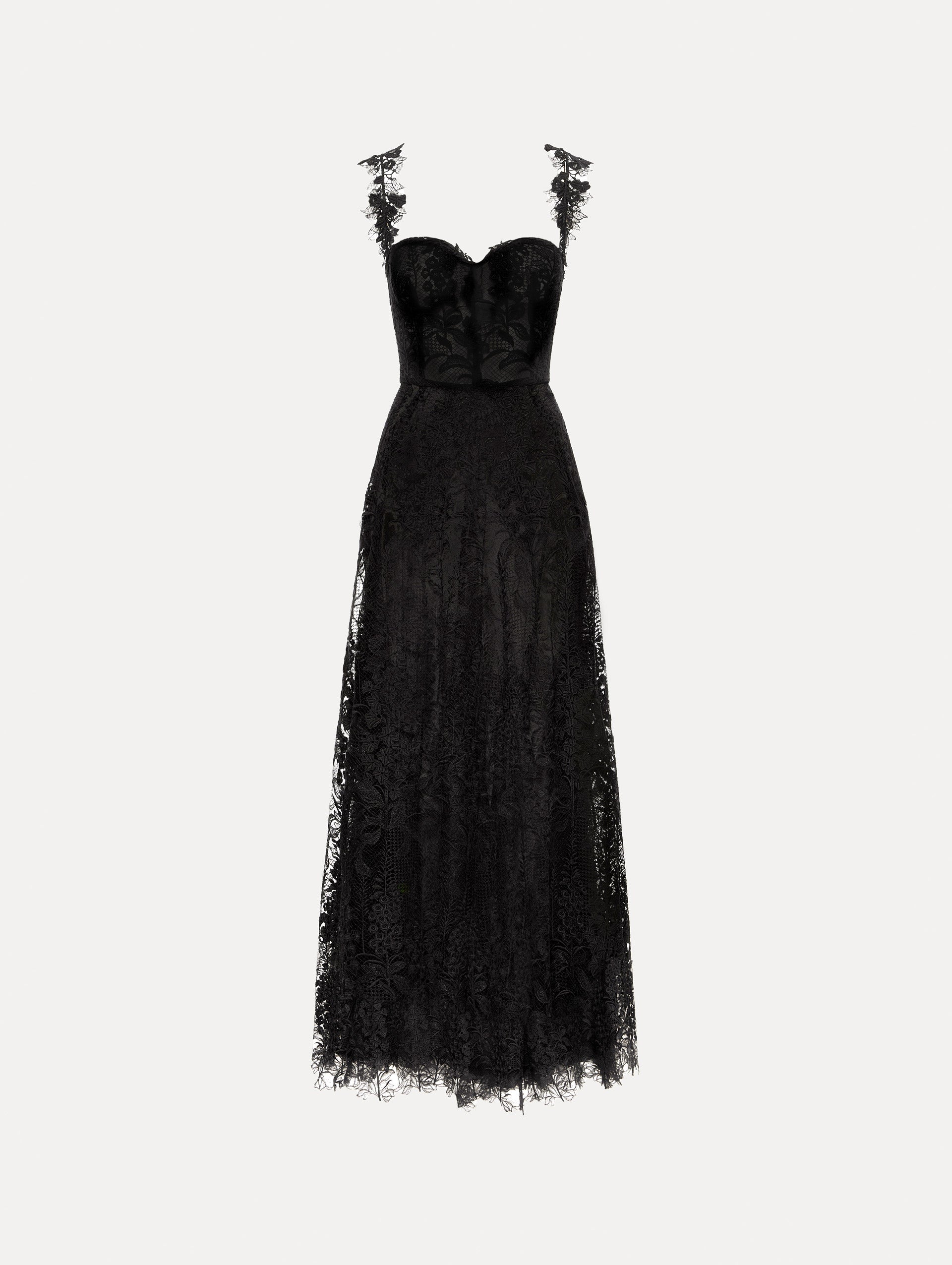 Black Foxglove Guipure Cocktail Dress featuring a fitted bodice with structured cups, lace straps, and a sheer lace overlay skirt.