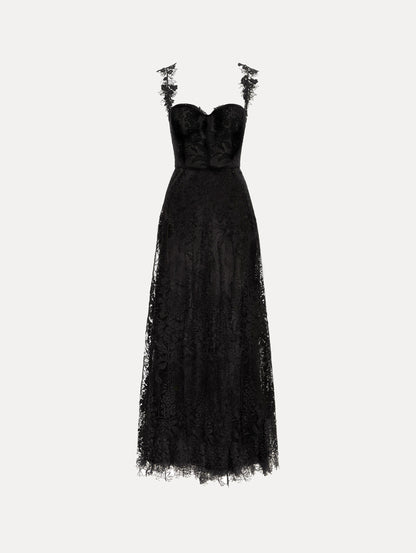 Black Foxglove Guipure Cocktail Dress featuring a fitted bodice with structured cups, lace straps, and a sheer lace overlay skirt.