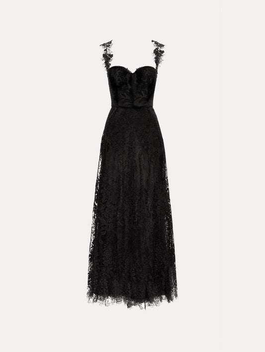 Black Foxglove Guipure Cocktail Dress featuring a fitted bodice with structured cups, lace straps, and a sheer lace overlay skirt.