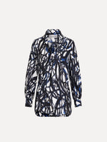 White and Blue Abstract Sketch Silk Twill Blouse featuring a deep V-neckline with knotted drape detail and long sleeves. Front View.