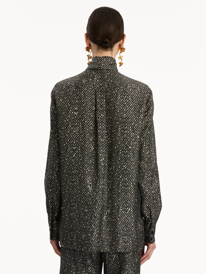Black and Ivory Chevron Tie-Neck Silk Twill Blouse with long sleeves. Back View.