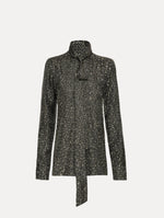 Black and Ivory Chevron Tie-Neck Silk Twill Blouse with long sleeves.