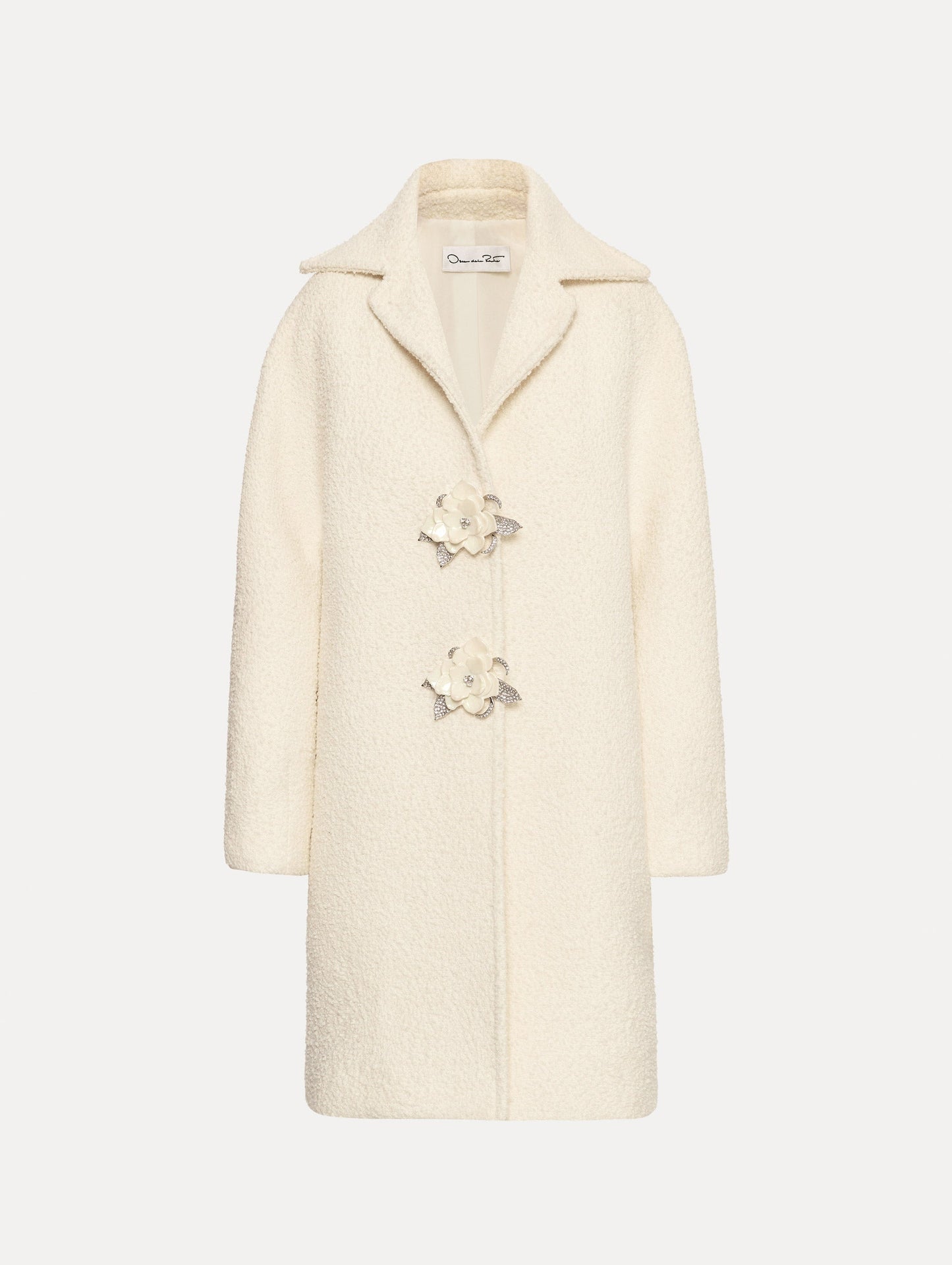 Ivory Floral Button Bouclé Tweed Coat with notched lapels, featuring two floral crystal-embellished clasps at the front.