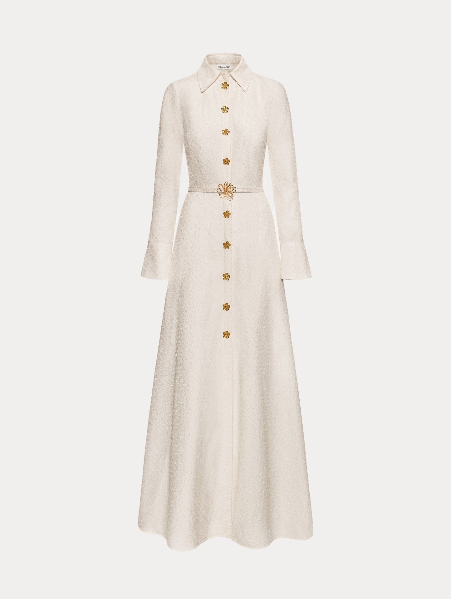 Ivory Oscar Chain-Link Cotton Poplin Caftan featuring a collared neckline, flared sleeves, gold button front, and belted waist with floral buckle.