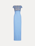 Gown in the color Hydrangea Light Blue with cap sleeves, bateau neckline, sheer, crystal floral embroidery, and column silhouette.