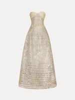 Floor length, silver, strapless Sequin & Bugle Bead Lattice Gown with Sheer Skirt. Front View.