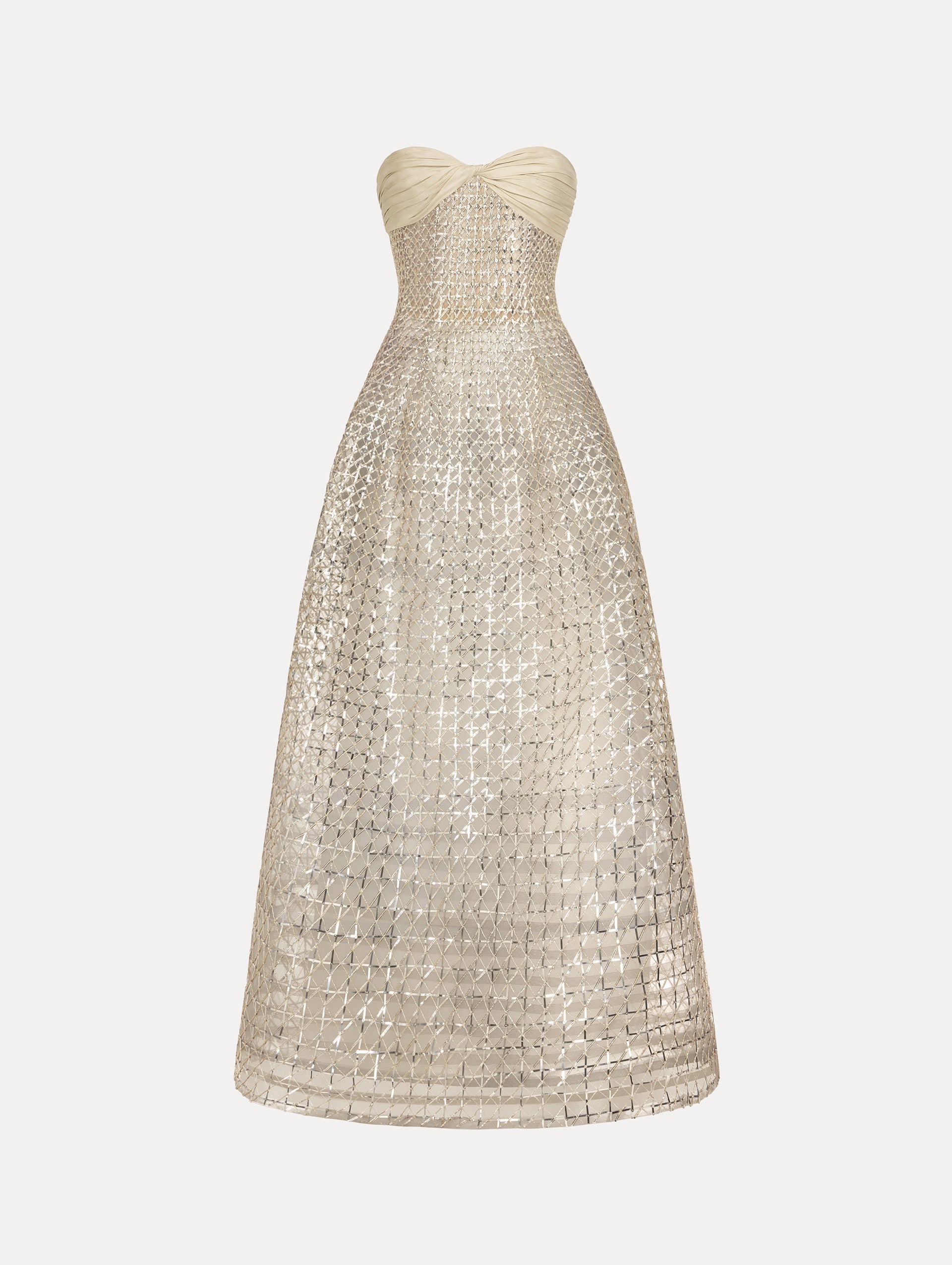 Floor length, silver, strapless Sequin & Bugle Bead Lattice Gown with Sheer Skirt. Front View.