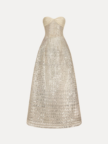 Floor length, silver, strapless Sequin & Bugle Bead Lattice Gown with Sheer Skirt. Front View.