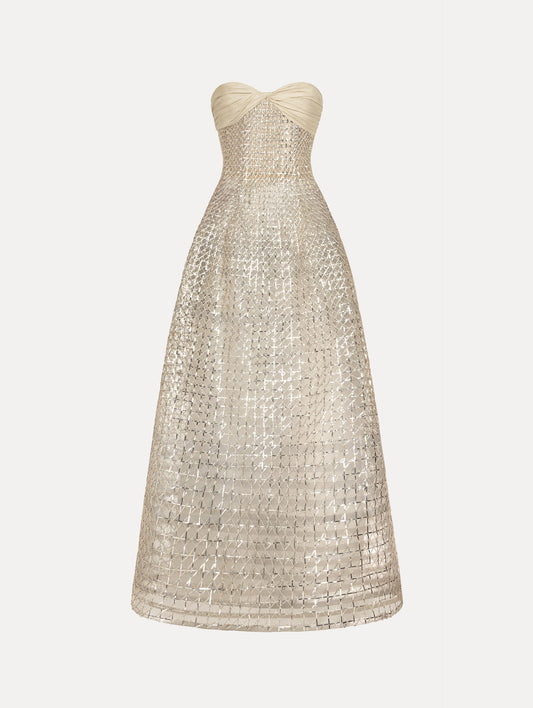 Floor length, silver, strapless Sequin & Bugle Bead Lattice Gown with Sheer Skirt. Front View.