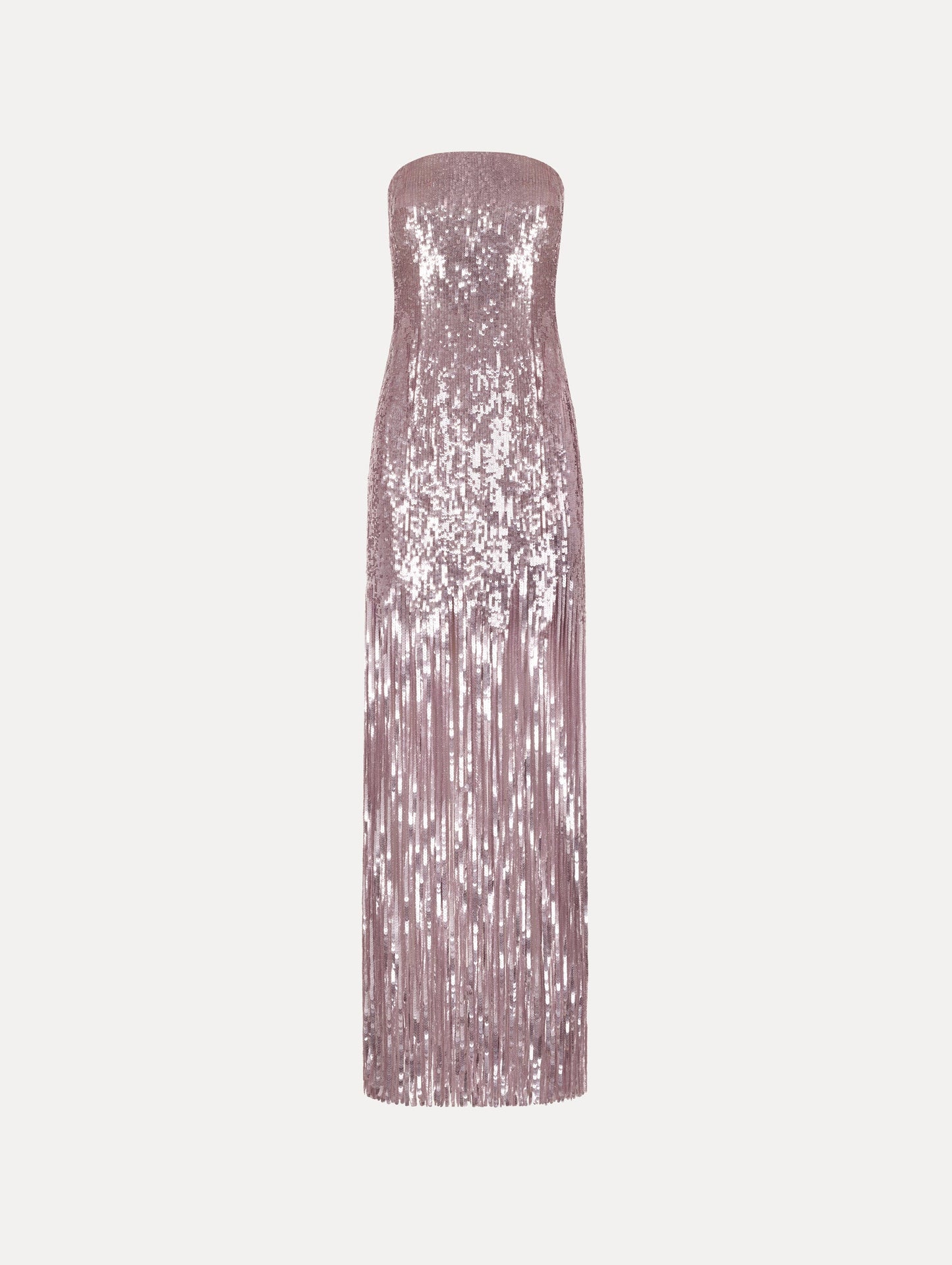 The Sequin Fringe Strapless Gown in the color tulip pink featuring a strapless silhouette, all-over sequins, and fringe skirt.