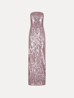 The Sequin Fringe Strapless Gown in the color tulip pink featuring a strapless silhouette, all-over sequins, and fringe skirt.