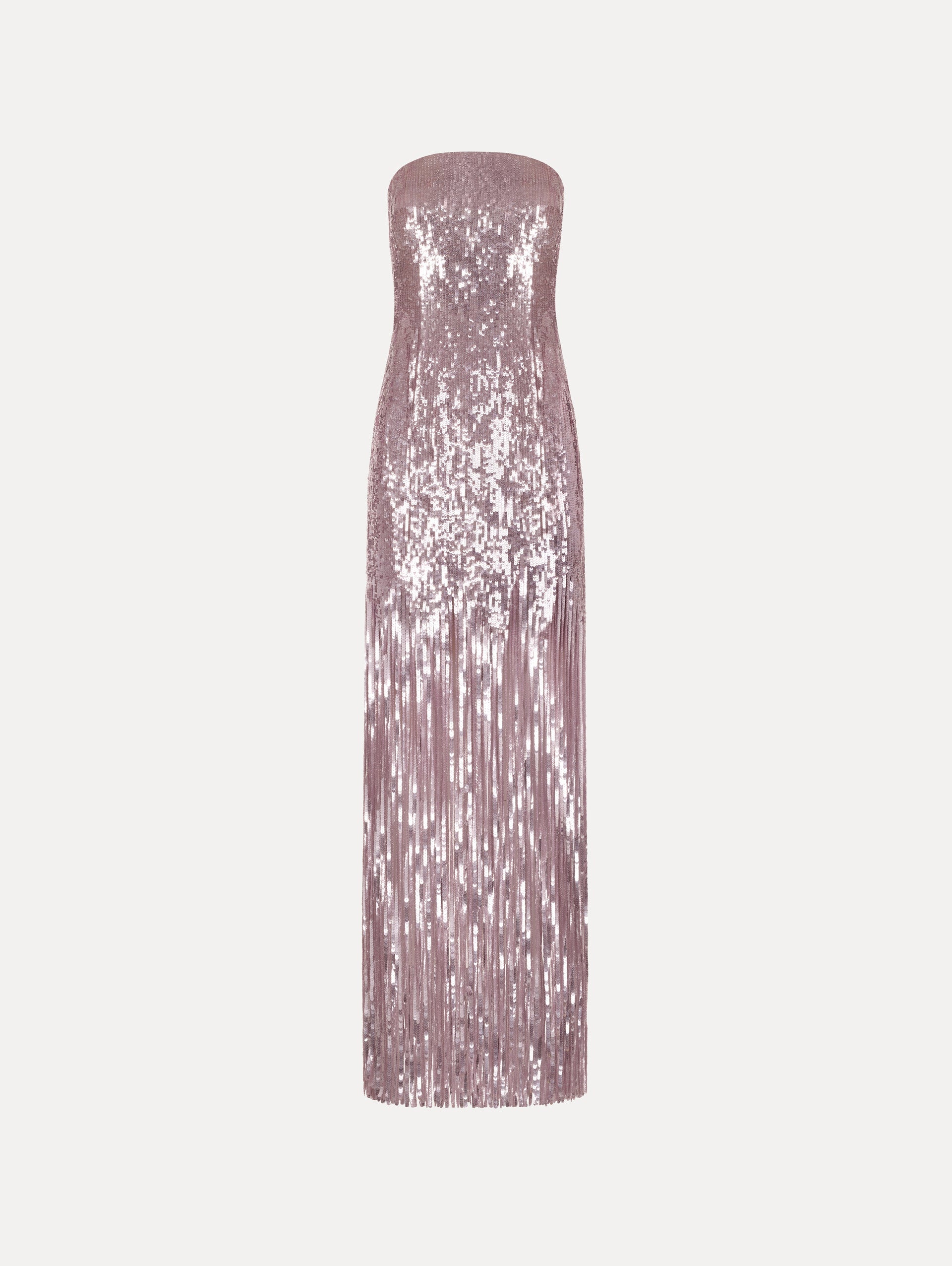 The Sequin Fringe Strapless Gown in the color tulip pink featuring a strapless silhouette, all-over sequins, and fringe skirt.