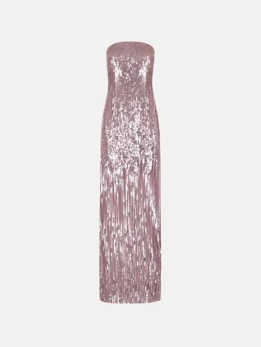 The Sequin Fringe Strapless Gown in the color tulip pink featuring a strapless silhouette, all-over sequins, and fringe skirt.