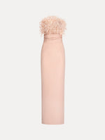 Pink floor length gown with strapless bodice adorned with Point d’Esprit feather embroidery. Sleek faille skirt. Front View.