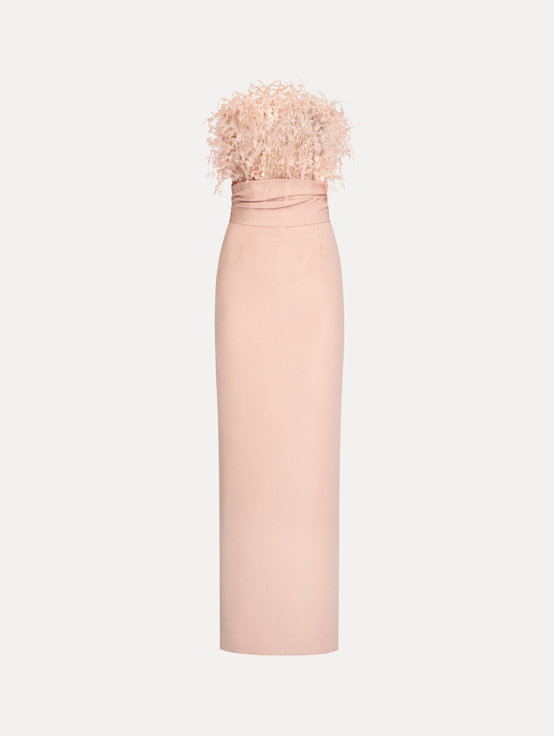 Pink floor length gown with strapless bodice adorned with Point d’Esprit feather embroidery. Sleek faille skirt. Front View.
