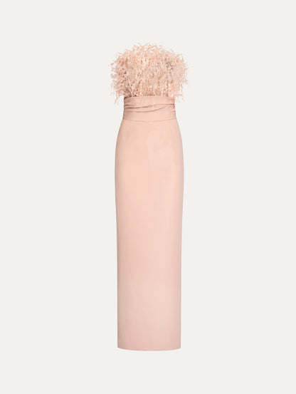 Pink floor length gown with strapless bodice adorned with Point d’Esprit feather embroidery. Sleek faille skirt. Front View.