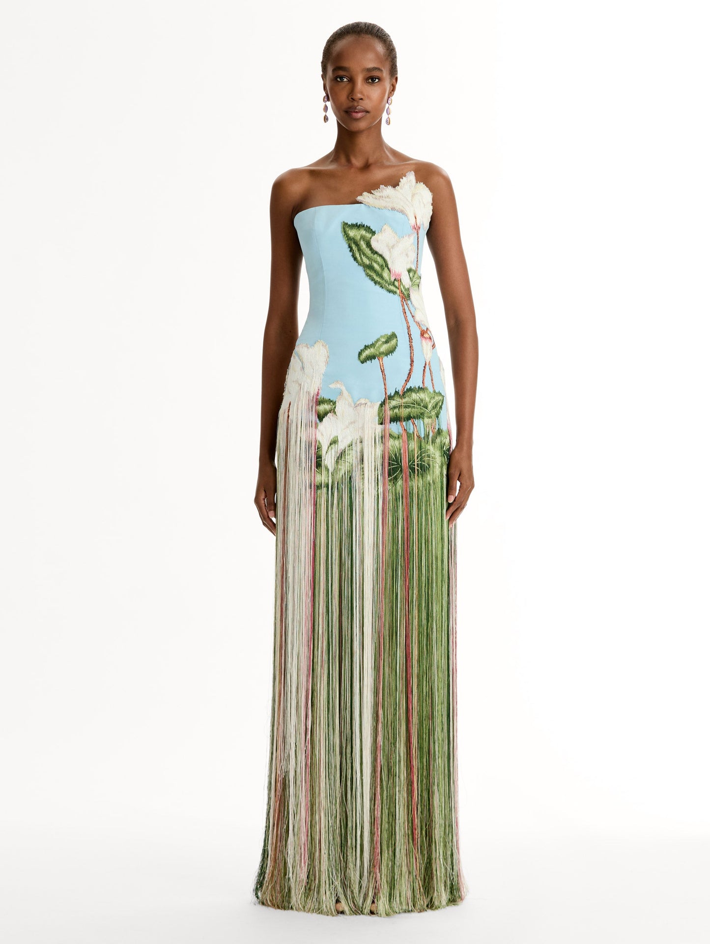 Strapless, Floor length silk faille gown with Chiné Cyclamen motif on threadwork fringe. Clean lines and a fitted bodice frame the embroidery. Front View.