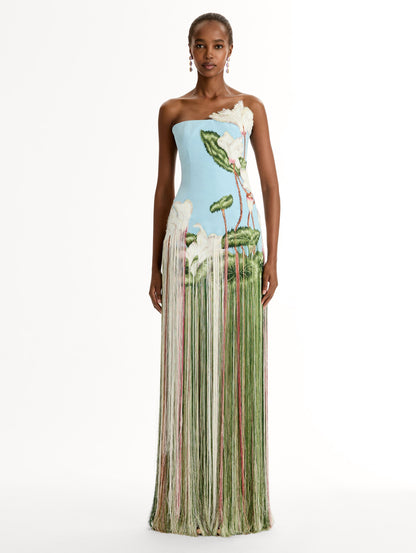 Strapless, Floor length silk faille gown with Chiné Cyclamen motif on threadwork fringe. Clean lines and a fitted bodice frame the embroidery. Front View.