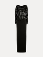 Black Sequin, Floor length gown in double-faced stretch wool. Open sleeves with beaded fringe. Front View.