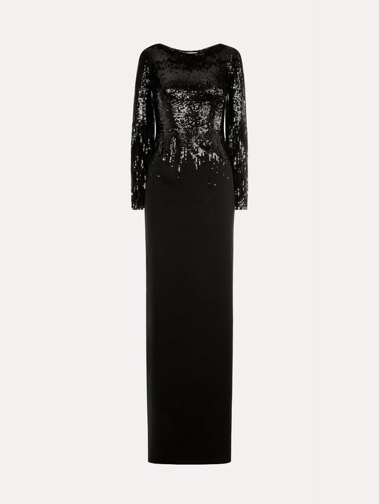 Black Sequin, Floor length gown in double-faced stretch wool. Open sleeves with beaded fringe. Front View.