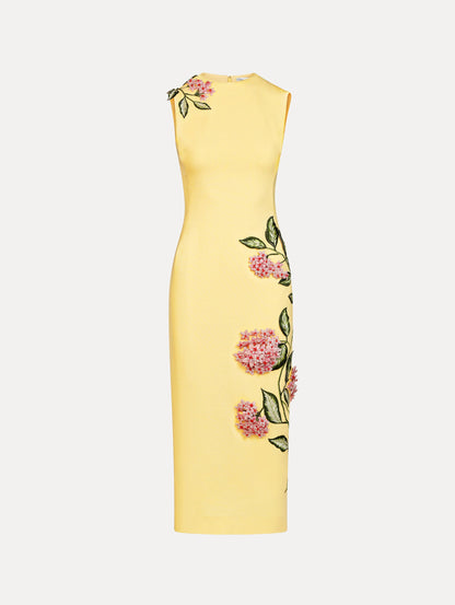Yellow Porcelain Flower Embroidered Dress featuring a sleeveless silhouette and 3D pink and green floral embroidery. Front View.